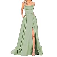 Dresses for Women 2024 Prom Dresses Long Backless Crisn Satin Spaghetti Side Slit Evening Party Dress with Pockets