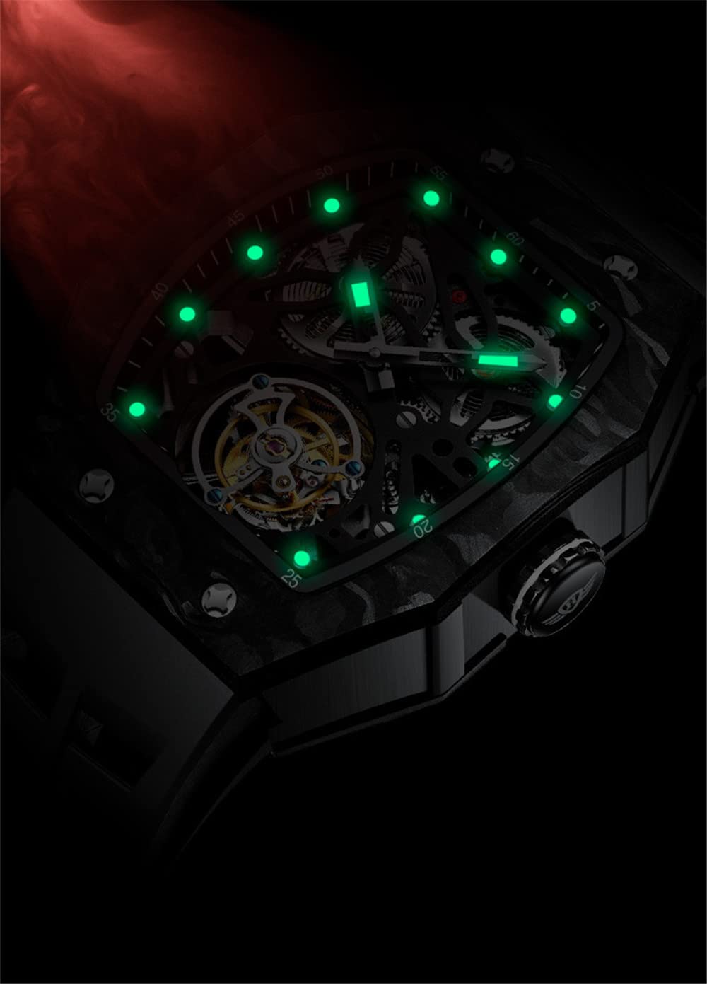 Guanqin Analog Mechanical Hand-Wind Square Wrist Watch Men's Stainless Steel and Silicone Sapphire Male Skeleton Real Tourbillon Clock Waterproof Luminous Chronograph
