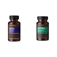 Amazon Elements Iron 18mg Capsules, Supports Red Blood Cell Production, Vegan (195 Count, 6 Month Supply) and Amazon Elements Vegan Biotin 5000 mcg - Hair, Skin, Nails (130 Capsules, 4 Month Supply)