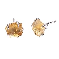 925 Sterling Silver Stud Earrings, Natural Raw Citrine Handcrafted Women Jewelry RSSE01