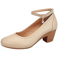 Women's Ankle Strap Low Mid Block Heel Round-Toe Mary Jane Pumps Leather Court Shoes