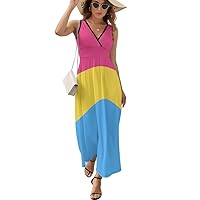Pansexual Pride Flag Women's Sleeveless Long Dress V Neck Summer Casual Beach Dresses