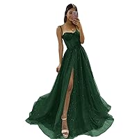 UZN Glitter Tulle Prom Dresses Long 2023 with Split Spaghetti Straps 3D Flower Formal Evening Party Gowns