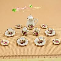 1/12 Dollhouse Miniatures Tea Coffee Set Pot Cup Doll House Porcelain Set Flowers; Pot H: 1 1/3