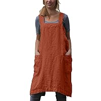 Cotton Linen Apron Cross Back Apron for Women with Pockets Pinafore Dress for Baking Cooking, Orange, 3X-Large