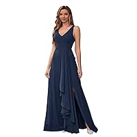 Chiffon Bridesmaid Dresses for Wedding Long Pleated V Neck Evening Gowns with Slit Formal Wedding Guest Dress