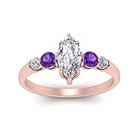 Choose Your Gemstone Round Accent Bar Diamond CZ Rose Gold Plated Marquise Shape Side Stone Daily wear Engagement Rings Prong Setting Ring Size US 4 to 12