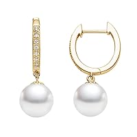 14k Yellow Gold AAAA Quality Japanese Akoya Cultured Pearl Diamond Hoop Earrings for Women - PremiumPearl