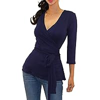 Vivicastle Women's USA 3/4 Sleeve V-Neck Waist Wrap Blouse Top