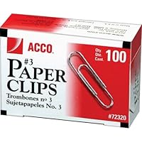 ACCO Economy #3 Paper Clips, Small, Smooth Finish, 15/16 Inches Long, Silver, 1 Box of 100 Clips (72320)