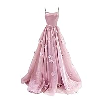 2024 A line Handmade Floral Flower Tulle Prom Formal Dresses with Spaghetti Straps Backless