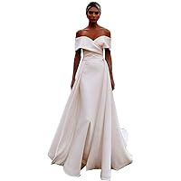 Women's Off Shoulder White Mermaid Wedding Dress Detachable Train Satin Long Prom Evening Dress