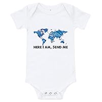 Onesie, Here I am Send me, World Map, JW, Outdoors, Wonderlust, Newborn, White, Blue, T-Shirt