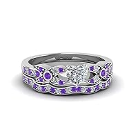 Choose Your Gemstone Flower Pave Diamond CZ Wedding Ring Set Sterling Silver Heart Shape Wedding Ring Sets Everyday Jewelry Wedding Jewelry Handmade Gifts for Wife US Size 4 to 12