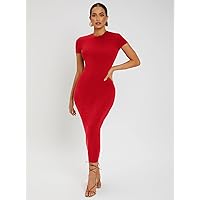 Summer Dresses for Women 2022 Solid Round Neck Bodycon Dress (Color : Red, Size : X-Large)