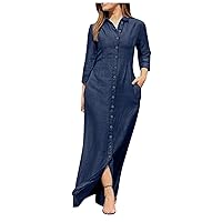 Akivide Womens Long Sleeve Chambray Denim Long Shirt Dress Casual Buton Down Jean Plus Size Maxi Dress with Pocket