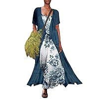 Womens Two Piece Sets Summer Floral Print Maxi Dress with Cardigan Chiffon Short Sleeve Plus Size Wedding Guest Dress