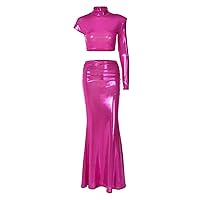 Pink Maternity Dress for Photo Shoot,Women's Solid Color One Shoulder Crop Top and Bodycon Skirt Set Short Prom