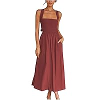 Women Lave-Up Cross Back Smocked Linen Halter Dress with Pockets Summer Sleeveless Slim Tunic Solid A-Line Dresses