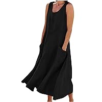 Denim Dress Maxi Sleeveless Linen Dresses for Women, 2024 Summer Pocket Dress Casual Scoop Neck Tank Dress Trendy Loose Fit Sundress Vestidos para Mujer Sexy Black