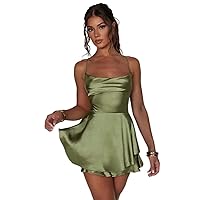 Women's Summer Solid Lace Up Backless Tiered Layer Satin Cami Dress, Elegant Cowl Neck Sleeveless A Line Dress
