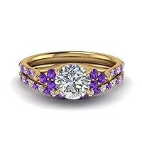 Choose Your Gemstone Round Cut Petite Cathedral Wedding Ring Set Yellow Gold Plated Round Shape Wedding Ring Sets Matching Jewelry Wedding Jewelry Easy to Wear Gifts US Size 4 to 12