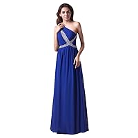 Royal Blue Chiffon One Shoulder Embellished Beaded Evening Dress