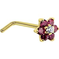 Body Candy Solid 14k Yellow Gold Red and Clear Cubic Zirconia Flower L Shaped Nose Stud Ring 20 Gauge 1/4