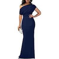 Sexy Off Shoulder Bodycon Maxi Dresses for Women Casual Short Sleeve Navy Blue Mermaid Club Party Long Dress