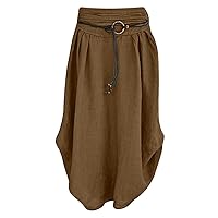 Women's Cotton Linen Skirts High Waist Draped Midi Skirt Solid Casual Long Skirt Summer Side Slit Swing Skirts