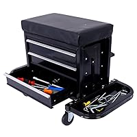 3-Drawer Rolling Tool Chest Seat, Heavy Duty Rolling Tool Chest Can Hold Up to 350 Lbs, Rolling Garage Seat with Wheels, Rolling Mechanic Seat with Tool Trays, Square Shop Stool