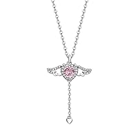 Pink Crystal Angel Wing Heart Pendant Necklace For Woman Minimalist Jewelry Girl Neck Chain Elegant Rhinestone