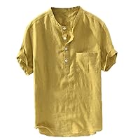 Cotton Linen Cuban Guayabera Shirts for Men Mexican Style Short Sleeve Linen Beach Button Down Shirts with Pocket(Yellow,6X-Large)