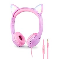 Kids Headphones: Toddler Headphones with Microphone - Cat Ear Headphones for Girls Boys, LED Light 3.5mm Jack, 85db Volume, Music Sharing Stereo Earphones for iPad | School | Travel (Purple)