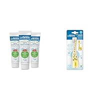 Fluoride-Free Baby Toothpaste, Infant & Toddler Oral Care, Strawberry, 3-Pack, 1.4oz/40g, 0-3 years & Infant-to-Toddler Training Toothbrush, Soft for Baby's First Teeth, Giraffe, 0-3 Years