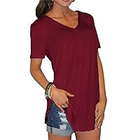 Women's Slim Fit V Neck T-Shirt Mid-Length Short Sleeve Tunics Tops Solid Color Casual Loose Fit Summer Tee Shirts