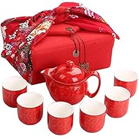 Chinese Traditional Wedding Decoration Supplies Double Happiness Porcelain Tea Set Teapot and Tea Cup 7 Pcs, Red Wedding Porcelain Tea Set, Double Happiness Tea Service Set for Adults