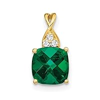 7mm 10k Gold Checkerboard Created Emerald and Diamond Pendant Necklace Jewelry for Women