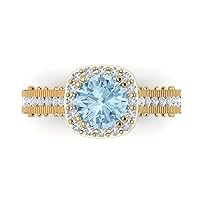 1.92ct Round Cut Solitaire Halo Aquamarine Blue Simulated Diamond designer Statement Accent Ring Solid 14k Yellow Gold