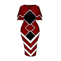 Women's Slim Fitting Dress V-Neck Irregular Geometric Pattern Layered Sleeve Slim Waist Midi Dress Porm Party