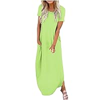 Women's Short Sleeve Maxi Dress Casual Loose Fit Split Side Shirt Dress Summer Solid Kaftan Beach Dress with Pockets
