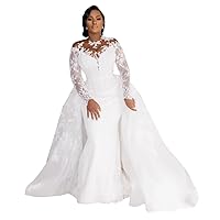 Illusion Bridal Long Sleeve Ball Gowns Detachable Train Lace Mermaid Wedding Dresses for Bride Plus Size