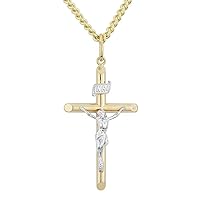 Men's Christian & Catholic Crucifix Cross (Engraved INRI) Two-Tone Religious Pendant Necklace, White & Yellow Gold Cross Pendant, 24
