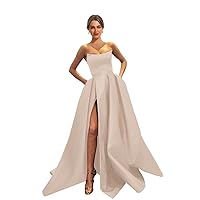 MllesReve Womens Long Strapless Satin Prom Dress Sleeveless Slit Evening Ball Gown with Pockets