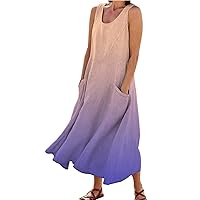 Summer Dresses for Women 2024 Crewneck Sleeveless with Side Pockets Cotton Linen Vacation Long Dress Purple