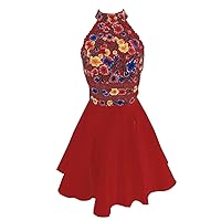 2024 High Neck Modest Colorful Flower Embroidery Short Prom Party Cocktail Dresses Satin Aline