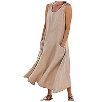 Solid Colour Ladies Cotton Linen Pocket Dress Fashion Sleeveless Casual Round Neck Womens Daily Weekend Long Dress