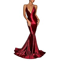 Ohvera Women's Satin Solid Spaghetti Strap Lace Up Sexy Cocktail Evening Party Prom Gown Long Dress