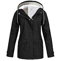 Sherpa Fleece Lined Raincoat for Women Waterproof Jackets with Hood Solid Color Lightweight Drawstring Windbreaker