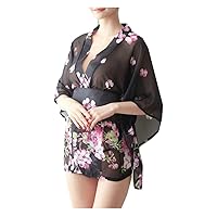 Women Summer Ultra-Thin Temptation Pajamas Sweet Japanese Kimono Yukata Set Cosplay Uniform Nightgown(Black)